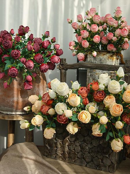 Fleurs décoratives Rose rétro Simulation fleur décoration maison mariage Imitation chambre séchée Simple 5 racines