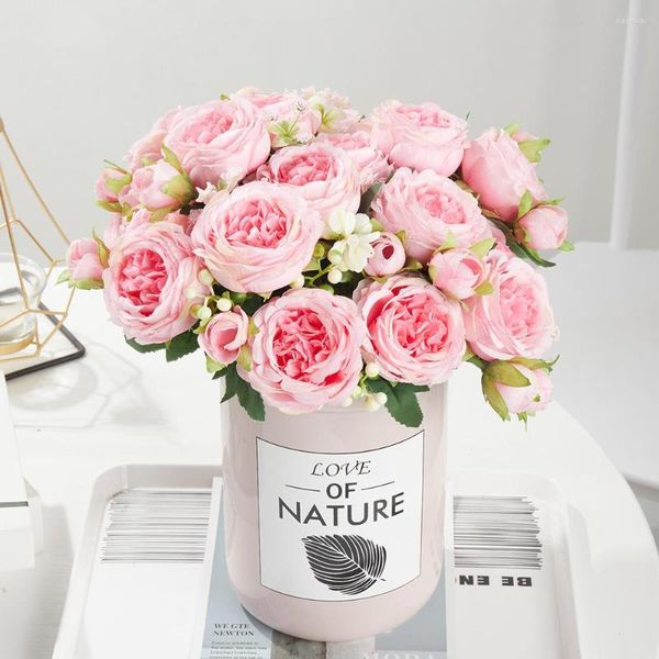 Fleurs décoratives Rose Bouquet De Soie Artificielle De Haute Qualité 5 Grosse Tête 4 Petit Bourgeon Blanc Pivoine Faux Bricolage Maison Décoration De Mariage