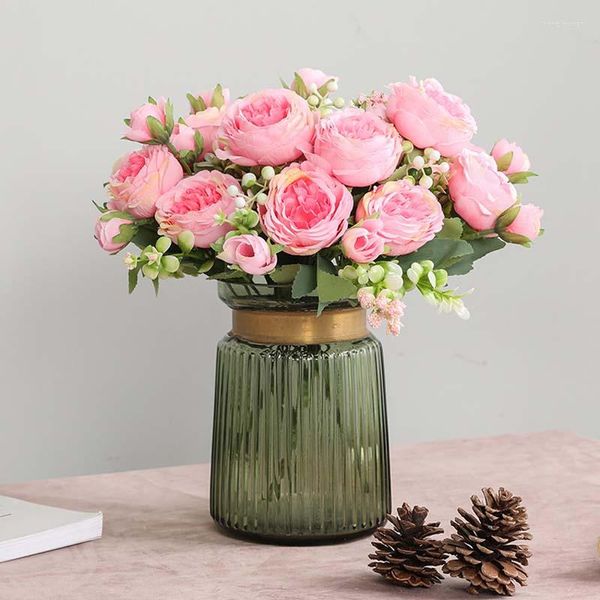 Fleurs décoratives Rose soie pivoine fausse fleur mariage maison bricolage décoration haute qualité grand Bouquet mousse accessoires artisanat blanc