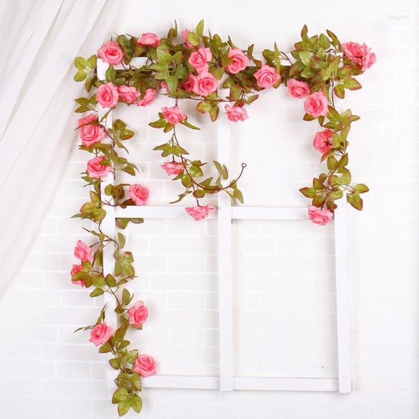 Flores decorativas, cadena de rosas, vid de hiedra de seda falsa, ratán Artificial con hojas verdes para decoración de boda en casa, guirnalda colgante