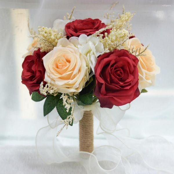 Fleurs décoratives roses avec nœud papillon en ruban, Bouquets artificiels multicolores réalistes, feuilles vertes pour mariages