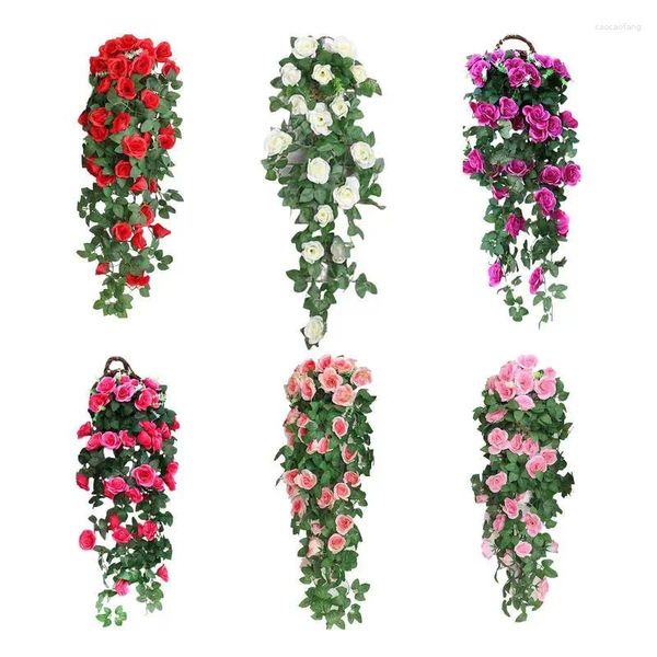 Flores decorativas Corona de rosas Seda Artificial Vid Colgante de pared Plantas falsas Hojas Guirnalda romántica para la decoración del hogar de la boda