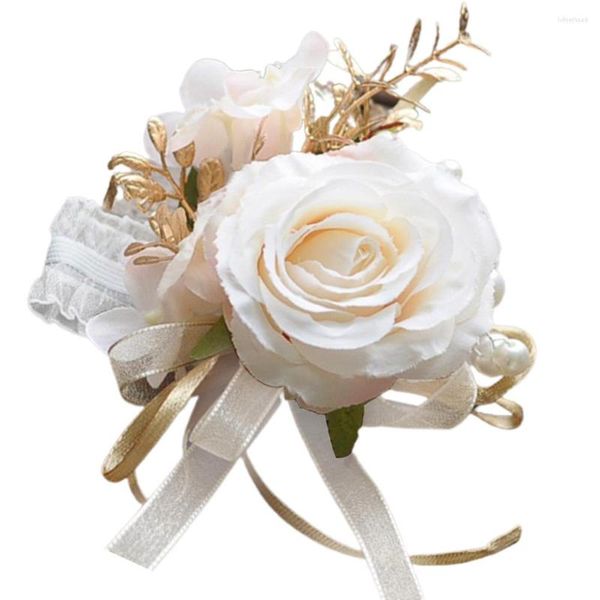 Flores decorativas, rosa, ramillete de muñeca, pulsera de banda de flores de champán para accesorios de boda