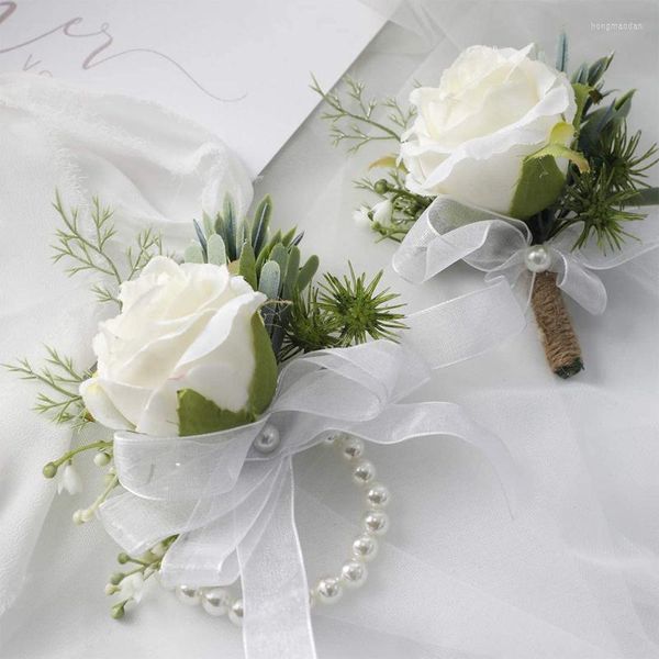 Fleurs décoratives Rose Poignet Corsage Bracelet Bande Bracelet Et Hommes Boutonnière Ensemble Pour Accessoires De Mariage Décorations De Bal Blanc