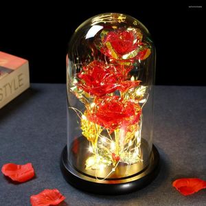 Fleurs décoratives roses et guirlandes lumineuses dans le verre artificiel immortel illuminent la décoration de la chambre la nuit pour la femme mère