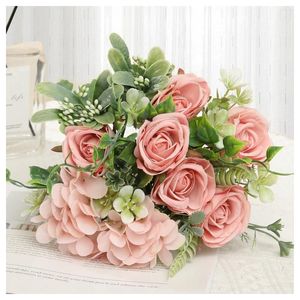 Decoratieve bloemen Roses kunstmatige roze zijden hydrangea hoogwaardige bruid bouquet bruiloft decor nep vasthoudende bloem huizen accessoires