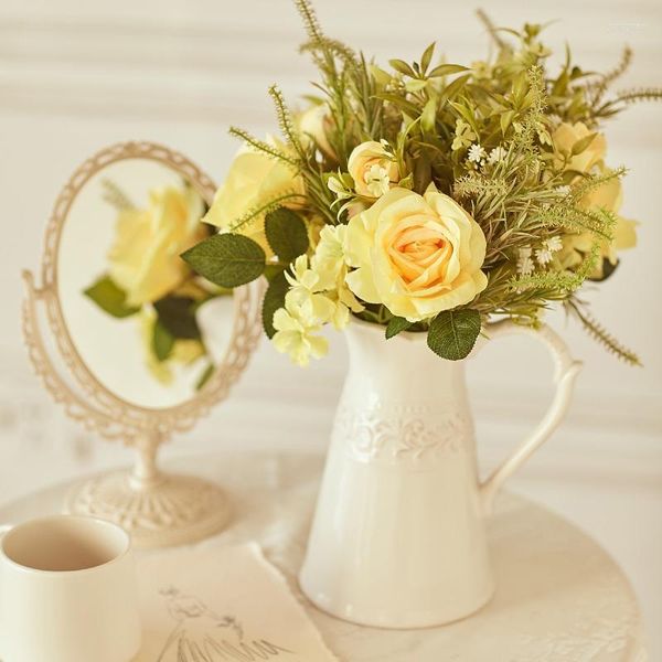 Fleurs décoratives Roses artificielles pivoines en soie blanche de haute qualité, Bouquet de mariée bleu ciel, décoration de Table de mariage, Vases de fête, décor de salle