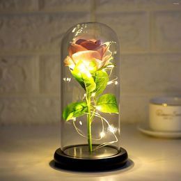 Fleurs décoratives roses couverture en verre feuille d'or avec lumières LED cadeau anniversaire artificiel fleur éternelle de Noël décoration de la Saint-Valentin