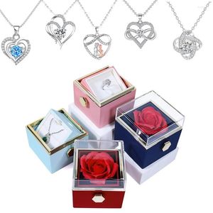 Fleurs décoratives rotatif Rose boîte-cadeau bague en acrylique collier bijoux de fleurs préservées pour petite amie mère Saint Valentin Noël