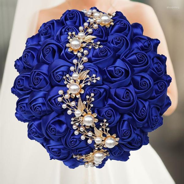 Fleurs décoratives strass royaux et bleus tenant des bouquets de mariée de mariage ruban ivoire broche bouquet diamant