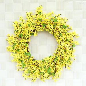 Couronnes de fleurs décoratives saisonnières, couronne de porte d'entrée jaune, Forsythia, parfaite pour le printemps, guirlande florale de ferme chic avec lumières