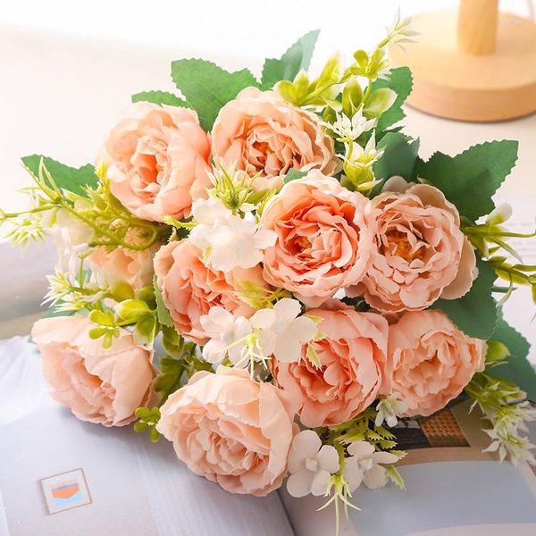 Fleurs décoratives vente 1 pièces/33 cm Ins Rose Bouquet de soie Rose pivoine fleur artificielle 5 grosse tête bourgeon mariée mariage décoration de la maison Artifi