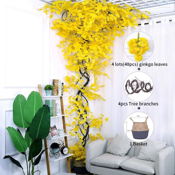 Conjunto de flores decorativas Hojas artificiales Ginkgo dorado Árbol de hojas falsas Plantas para colgar en la pared Traje Boda Hogar Escaparate Exhibición Navidad