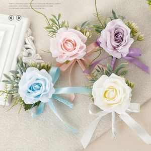 Ensemble de fleurs décoratives, 2 boutonnières, fleur de poignet, Corsage artificiel pour marié et marié, pour anniversaires