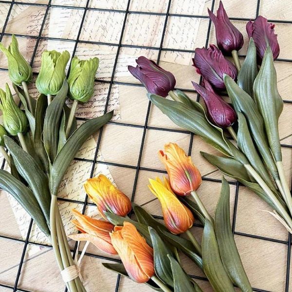 Fleurs décoratives Silicone tulipe rétro fleur artificielle vraie touche Bouquet 45CM luxe maison salon déco Flores fausse plante