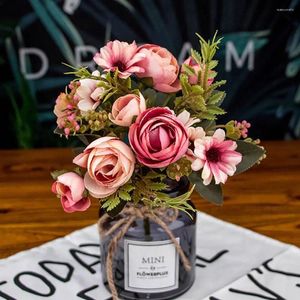Decoratieve bloemen Silk 12 Heads Rustic Pink Bouquet Fake Flower Tea Rose Artificial for Wedding | Home | Party