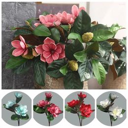 Fleurs décoratives Silk 3 têtes magnolia flexible bouquet artisanal tiges rouges arrangement floral artificiel