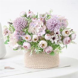 Fleurs décoratives en soie Bouquet artificiel multicolore tête de fleur hybride et bourgeon faux pour la décoration de bureau de mariage à la maison