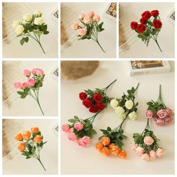 Fleurs décoratives en soie diamant artificiel rose 6 têtes tiges longues bouquet blanc fleur réaliste el jardin décoration
