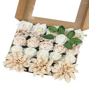 Flores decorativas seda de seda peonía artificial rosa hortensia con caja de tallo caja de regalo diy mesa de mesa decoración boda ramos de novia de boda