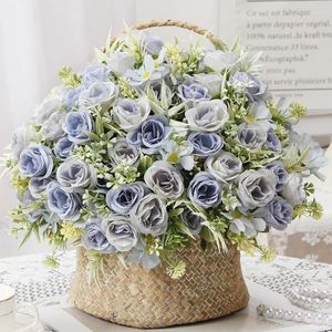 Bouquet de Roses artificielles en soie, fausses plantes vertes, décoration de vacances, fleur violette Mona, décoration florale pour la maison