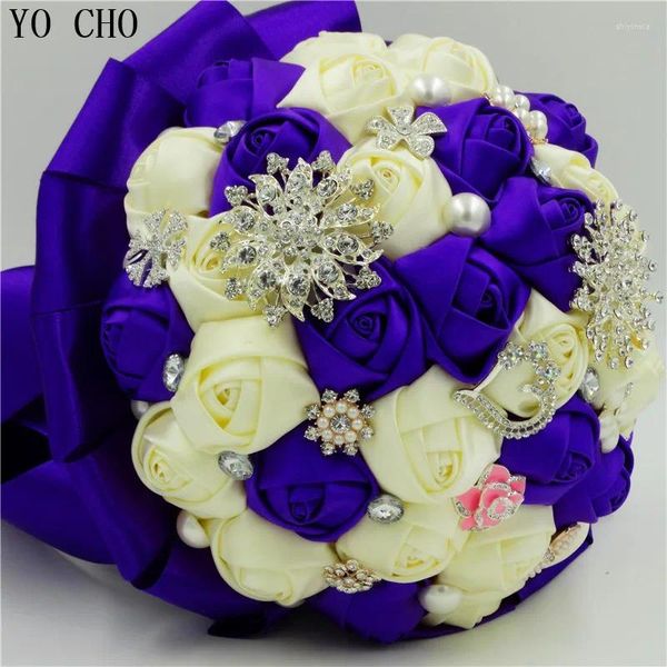 Fleurs décoratives Silk Crystal Bouquet de mariée bijoux Righestone Perle Perle Supplies Accessoires de mariage Artificiel Purple Bride