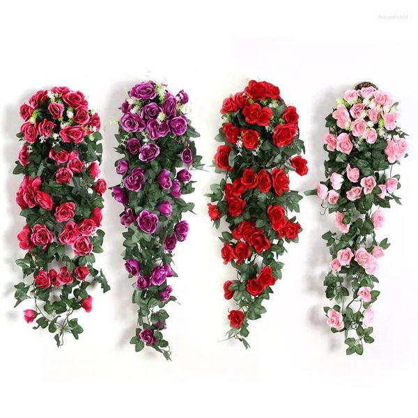 Flores Decorativas Flor Falsa De Seda Enredadera De Rosa Artificial Cesta para Colgar En La Pared Suministros De Boda Balcón Jardín Al Aire Libre Decoración del Hogar 90 Cm