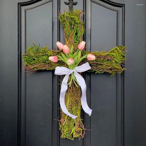 Decoratieve Bloemen Zijden Bloem Pasen Kruiskrans Creatieve Hangende Niet-giftige Deur Muurhanger DIY Met Tulp Gesimuleerde Garland Home Decor