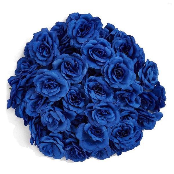 Fleurs décoratives têtes de fleurs en soie 50 pièces pour chapeau vêtements décoration mariage (bleu foncé)