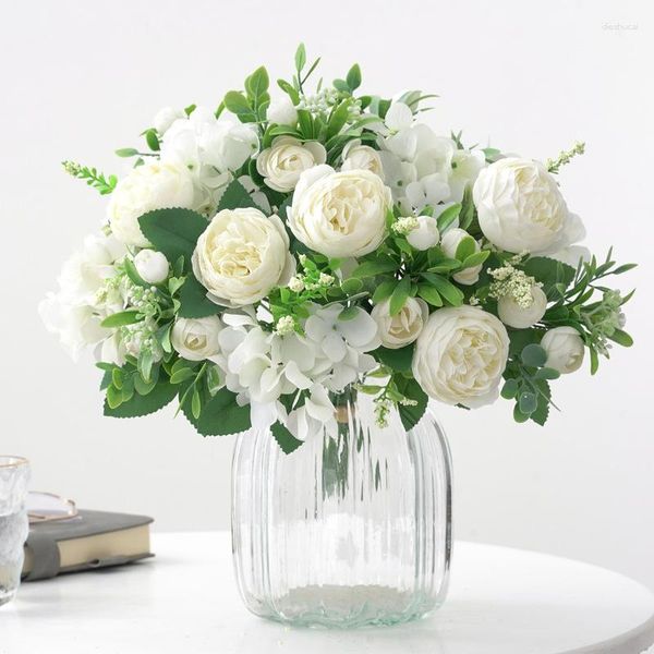 Bouquet de fleurs décoratives en soie, Imitation Mori, hortensia, pivoine, fausse plante verte, décor de Table, fleur blanche artificielle