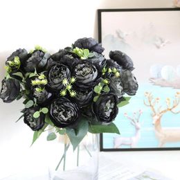 Fleurs décoratives Bouquet de pivoines en soie 5 têtes accessoires de décoration de la maison fête de mariage Scrapbook plantes bricolage Pompons Roses artificielles