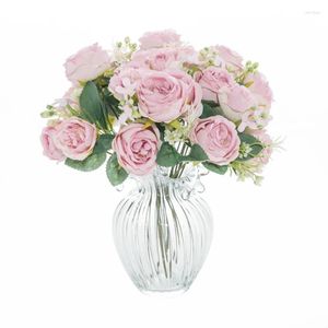 Fleurs décoratives Roses de soie bouquet Vases pour la décoration de la maison Mariage fausse arrangement de boîte à bonbons de pivoine Noël artificiel
