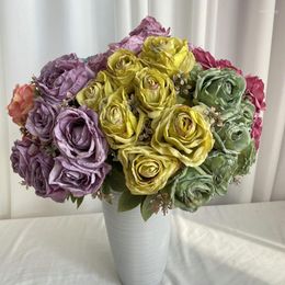 Decoratieve bloemen Silk gesimuleerde Rose Bouquet Burnt Edge Fake Fake Flower Balkon Garden Decoratie Wedding Roses Artificial Pink Champagne