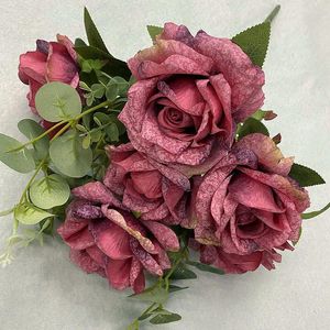 Fleurs décoratives Simulation de soie Snowflake grand bouquet de rose El Decoration du centre commercial rose rose brun rose brun roses artificielles