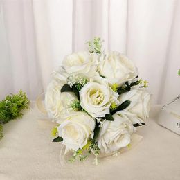 Flores decorativas Bouquets de boda de seda Bridal Bridal Holding Holding White Artificial Rose Bouquet Decoración de fiestas