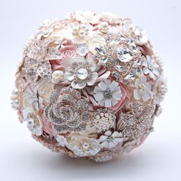 Flores decorativas de seda para boda, joyería de diamantes de imitación, broche rosa rubor, ramo, broche dorado, decoración de vestido de novia