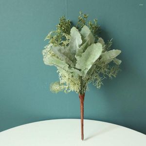 Fleurs décoratives feuille d'argent chrysanthème bouquet artificiel fleur en plastique plantes vertes herbe salle de mariage décoration de jour de Noël INS