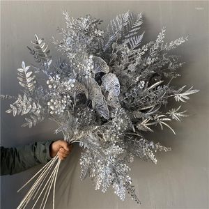Fiori decorativi Serie argento Foglie Materiale Matrimonio Stage Party Fila di fiori artificiali Decorazioni per la casa Tema natalizio Composizione floreale