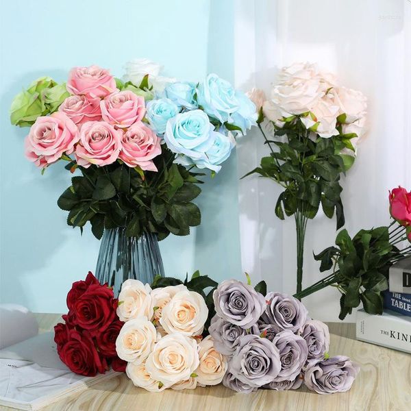 Flores decorativas simuladas 10 ramos de rosas vestido de novia arreglo de flores falsas accesorios de pografía punto de sujeción de mano al por mayor