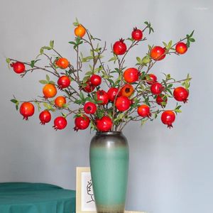 Simulation de fleurs décoratives à 6 têtes, Branches de fruits de grenade et de kaki, accessoires de seau porte-bonheur avec feuilles