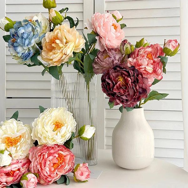 Flores Decorativas Pintura Al Óleo Simulada Peonía 2 Cabezas Rama Larga Dormitorio De Boda Arreglo Floral Accesorios De Tiro Decoración Artificial para El Hogar