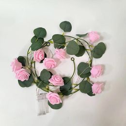 Fleurs décoratives simulées rotin LED brillant Rose lumière chaîne mariage vigne décoration de la maison avec néon fleur artificielle Eucalyptus