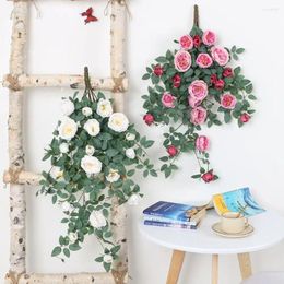 Flores decorativas rosas simuladas ratán balcón artificial paredes tomando accesorios de fondo