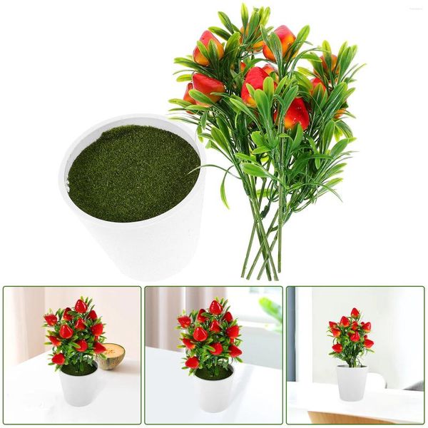 Fleurs décoratives Branches artificielles de fraise simulées avec décor de fruits en pot Potted