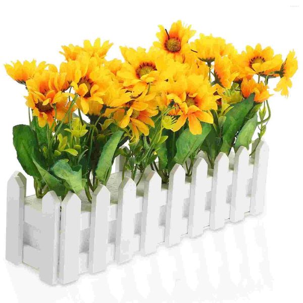 Fleurs décoratives Simulate Sunflower Artificial Desktop Faux Bonsaï Potted avec simulation de clôture Ornements d'émulation intérieure en soie