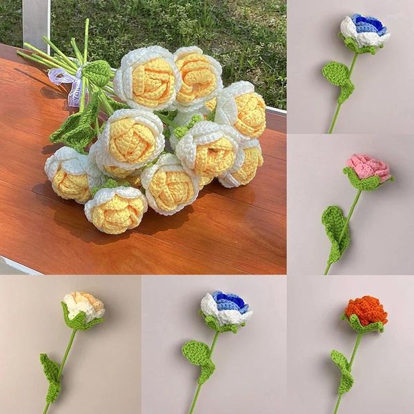 Fleurs décoratives en laine simulée Gradimentant à main Rose Rose Crochet Crochet Fake Bouquet Wedding Party Home Decor Gift Saint Valentin