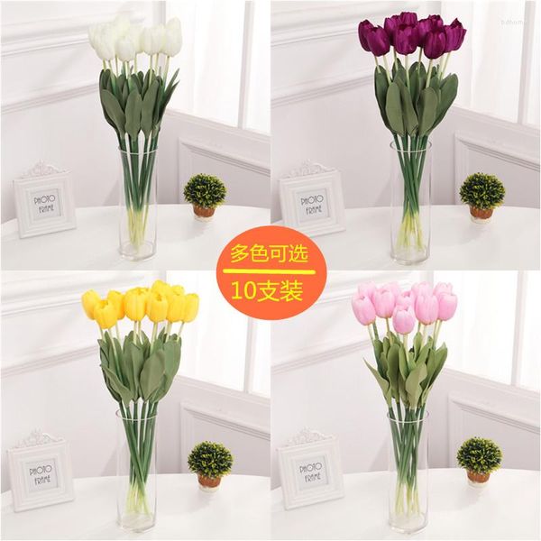 Simulación de flores decorativas, paquete de 10 flores de seda de tulipán, artesanía Artificial seca para interiores, decoración de mesa para sala de estar