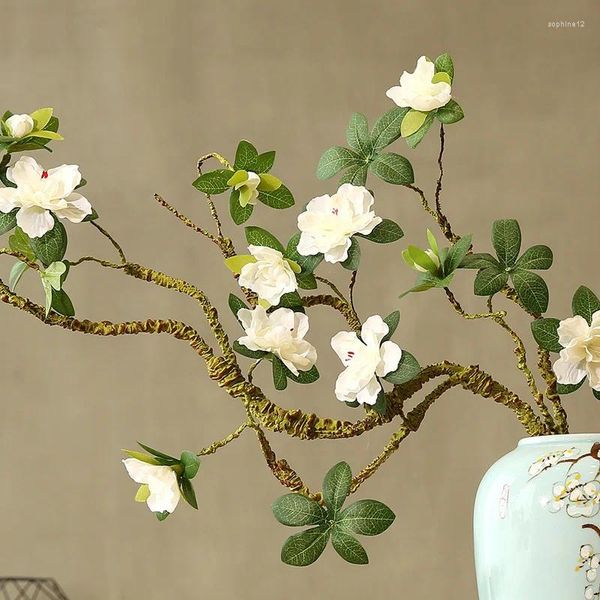 Fleurs décoratives Simulation azalée fausses Branches de fleurs en soie modélisation décoration de la maison Vases en céramique Zen chinois placés Art Floral