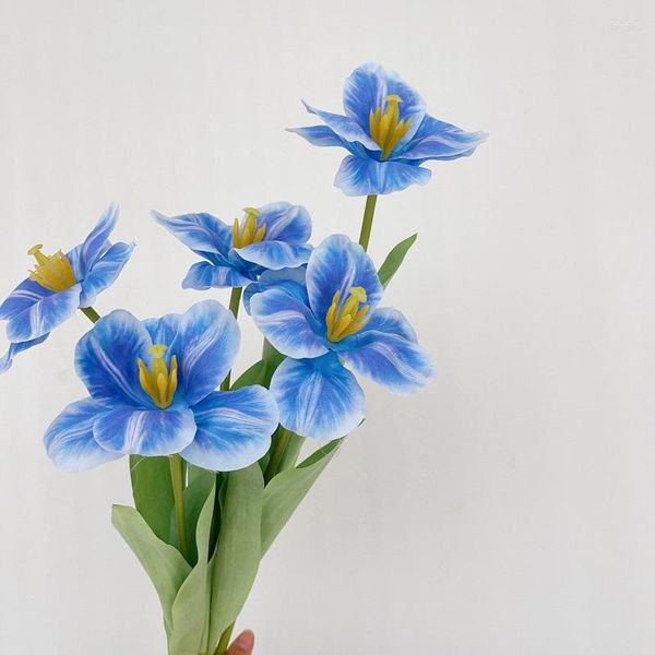 Fleurs décoratives Simulation fleur impression 3D fausse tulipe plante verte centre commercial décoration d'événement branche de tulipes artificielles soie bleue