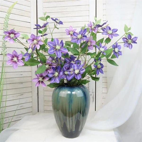 Flores decorativas Flor de simulación Clematis realista de 5 cabezas falsas de fácil cuidado para la decoración del hogar de la boda impresionante Artificial